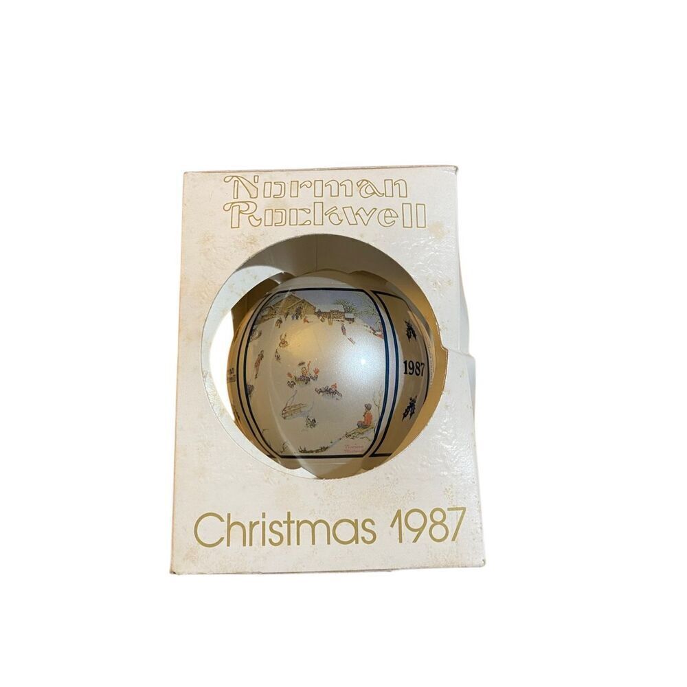 Vintage Norman Rockwell, Christmas 1987 glass sled riding ornament inbox - Picture 2 of 3